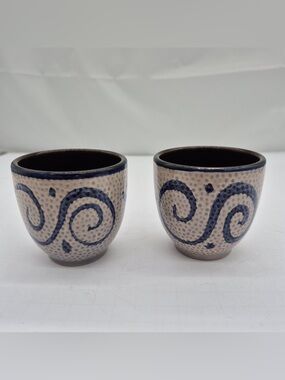 Vtg Scheurich W Germany Pottery Wine Cups Set of 2 Cobalt Blue Swirl Pebble MCM